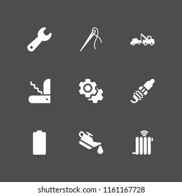 repair icon. 9 repair set with bolt, needle with thread to sew clothes, battery and breakdown vector icons for web and mobile app