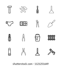 Repair icon. collection of 16 repair outline icons such as children panties, hammer, plunger, screwdriver, pliers, paint bucket. editable repair icons for web and mobile.