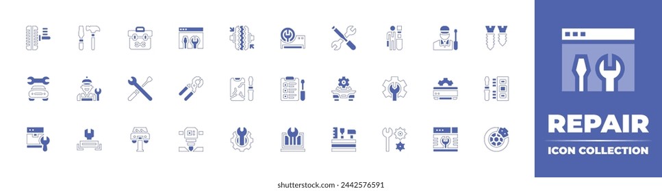 Repair icon collection. Duotone style line stroke and bold. Vector illustration. Containing dishwasher, work in progress, air conditioner, wrench, repair, pincers, wheel, broken smartphone, brake.