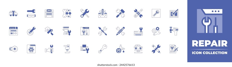 Repair icon collection. Duotone style line stroke and bold. Vector illustration. Containing renovation, kitchen robot, settings, printer, repair, setting, car lift, workshop, duct, car repair, tools.