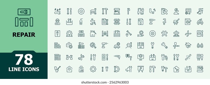 Repair icon collection. Related to automobile, work, car, support, wheel, oil, ai, gear. Set of minimalist line pictogram. Vector illustration in modern line style.