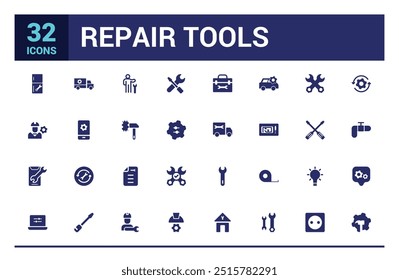 Reparar coleção de ícones. Relacionado a correção, manutenção, caixa de ferramentas, conjunto de ícones preenchido, pacote de ícone sólido. Ícones de glifo para Web e interface do usuário. Traçado editável. Ilustração vetorial.