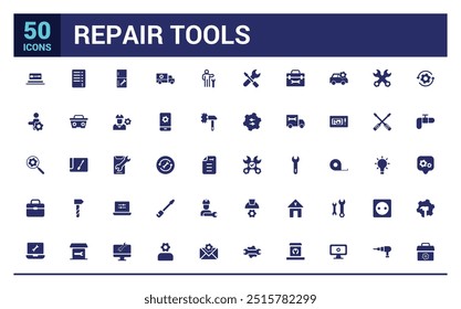 Repair icon collection. Related to fix, maintenance, toolbox, filled icon set, solid icon pack. Glyph icons for web and ui. Editable stroke. Vector illustration.