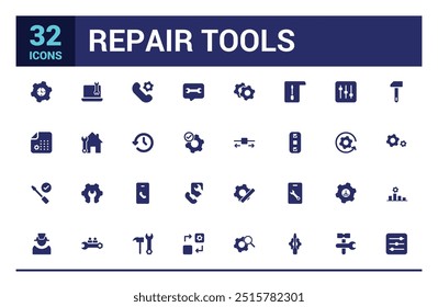 Repair icon collection. Related to fix, maintenance, toolbox, filled icon set, solid icon pack. Glyph icons for web and ui. Editable stroke. Vector illustration.