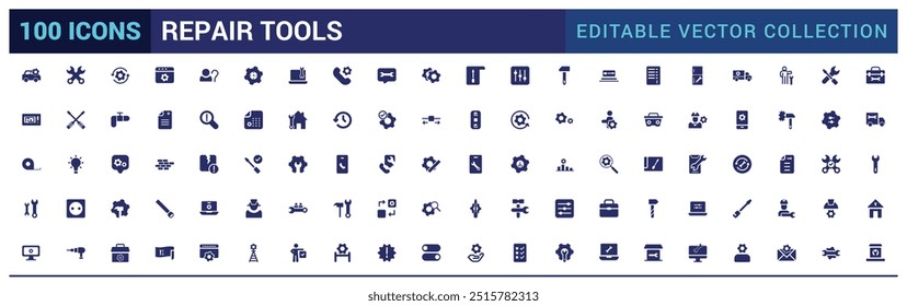 Repair icon collection. Related to fix, maintenance, toolbox, filled icon set, solid icon pack. Glyph icons for web and ui. Editable stroke. Vector illustration.