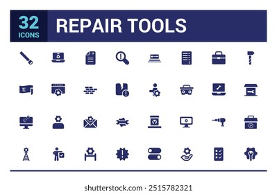 Repair icon collection. Related to fix, maintenance, toolbox, filled icon set, solid icon pack. Glyph icons for web and ui. Editable stroke. Vector illustration.