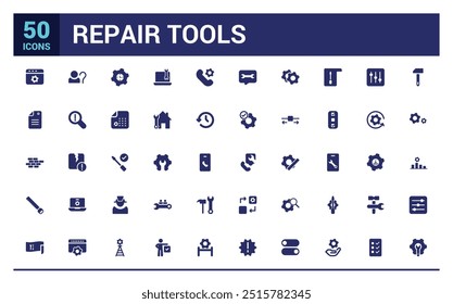 Repair icon collection. Related to fix, maintenance, toolbox, filled icon set, solid icon pack. Glyph icons for web and ui. Editable stroke. Vector illustration.