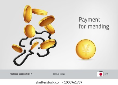 Repair icon with flying Japanese Yen coins, finance concept. Vector illustration for print, websites, web design, mobile app, infographics.