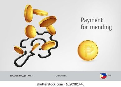 Repair icon with flying Philippine Peso coins, finance concept. Vector illustration for print, websites, web design, mobile app, infographics.