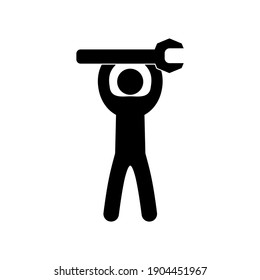 repair icon, man holding a wrench, lifts up the tool, stick pictogram isolated figure human silhouette