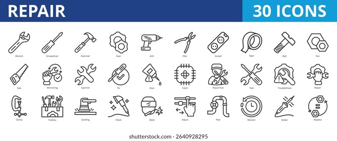 Repair icon pack collection set with wrench, screwdriver, gear, drill, fix, tool, troubleshoot, maintenance, service, work safety, mechanic, workshop, technician, engineer, construction, industrial