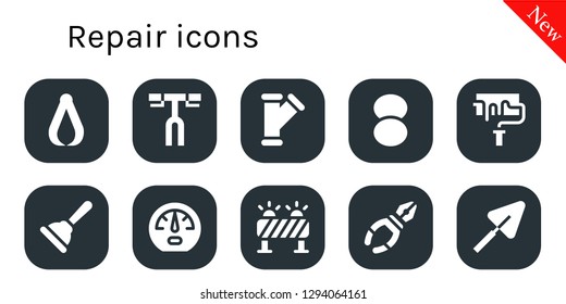  repair icon set. 10 filled repair icons. Simple modern icons about  - Pliers, Handlebar, Pipe, Foundation, Paint roller, Plunger, Dashboard, Barrier, Trowel