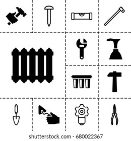 Repair icon. set of 13 filled and outline repair icons such as plunger, wrench, trowel, hummer, filter, radiator, hammer, level ruler, nail, pliers, garden hammer