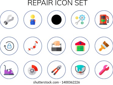 repair icon set. 15 flat repair icons.  Collection Of - pliers, padlock, worker, ratchet, wrench, toolbox, construction, garage, gas station, paint brush, bumper, brake, plier