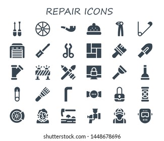 repair icon set. 30 filled repair icons.  Simple modern icons about  - Screwdriver, Wheel, Pipe, Bonnet, Pliers, Safety pin, Garage, Tool, Floor, Brush, Trowel, Barrier, Padlock