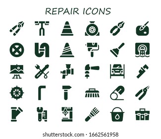 repair icon set. 30 filled repair icons. Included Plier, Handlebar, Cone, Wheel, Pliers, Paint, Pipe, Paint roller, Plunger, Sewer, Screwdriver, Airbrush, Hammer, Repairing icons