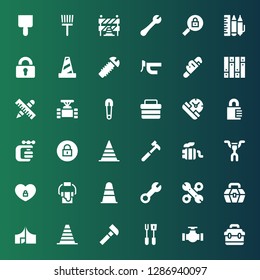 repair icon set. Collection of 36 filled repair icons included Toolbox, Pipe, Tools, Hammer, Cone, Tool, Wrench, Paint bucket, Padlock, Handlebar, Exhaust pipe, Vise, Service