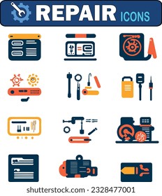 Conjunto de iconos de reparación. Contiene iconos de servicio de reparación, reparación, reparación, reparación, reparación, reparación y reparación. Colección de iconos sólidos. Ilustración vectorial.