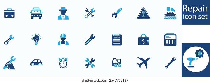 Repair icon set. Containing fix, maintenance, toolbox, assistance, broken, troubleshoot, patch and repairman service icons.