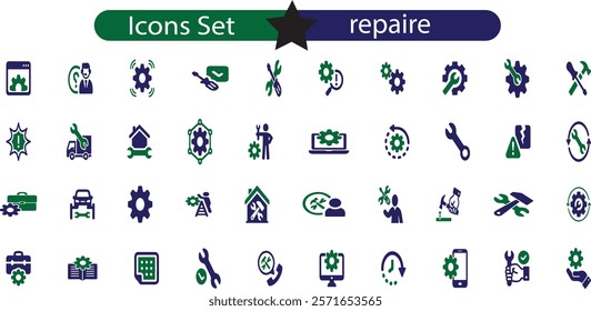 Repair icon set. Containing fix, home and car repair, maintenance, toolbox and repairman service icons.