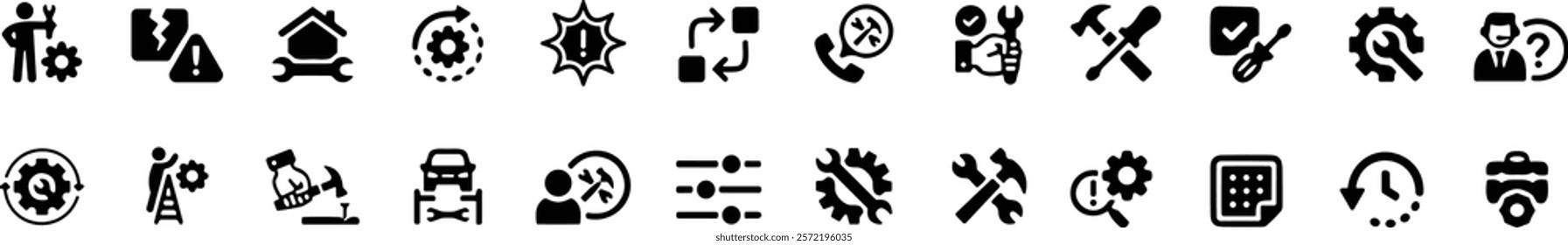 Repair icon set. Containing fix, maintenance, toolbox, assistance, broken, troubleshoot, patch and repairman service icons. Vector illustration.