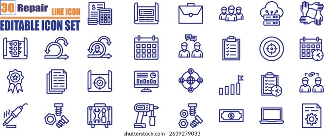 Repair icon set. Containing fix, maintenance, toolbox, assistance, broken, troubleshoot, patch and repairman service icons.