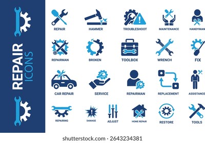 Repair icon set. Containing fix, home, and car repair, maintenance, toolbox, and repairman service icons. Solid icon collection. Vector illustration.