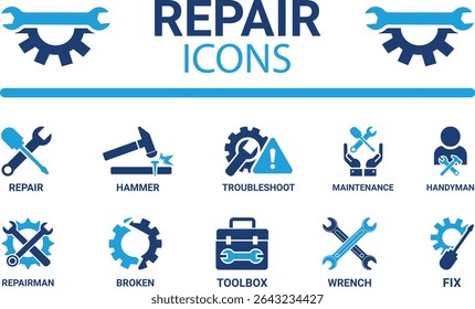 Reparar conjunto de ícones. Contendo ícones de serviço de conserto, manutenção, caixa de ferramentas e reparador. Coleção de ícones do Solid. Ilustração vetorial.