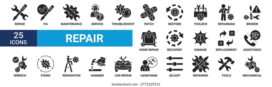 Repair icon set. Containing fix, home and car repair, maintenance, toolbox and repairman service icons. Glyph icon collection. Vector illustration.