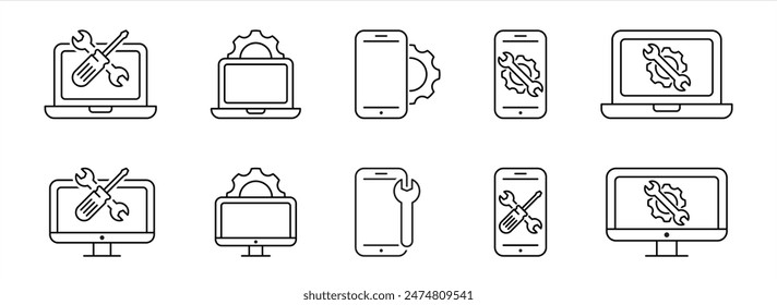 repair icon set. device repair, gear, settings, tool wrench, spanner, service icon collection. vector illustration