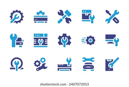Repair icon set. Duotone color. Vector illustration. Containing maintenance, repair, renovation, dishwasher, air conditioner, car, tv, wrench, settings, mobile, setting.