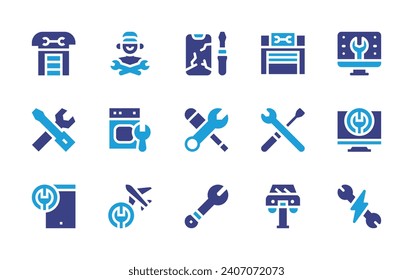 Repair icon set. Duotone color. Vector illustration. Containing technician, workshop, repairing, computer, broken smartphone, dryer, under maintenance, tools, plane, car repair, tablet, electrician.