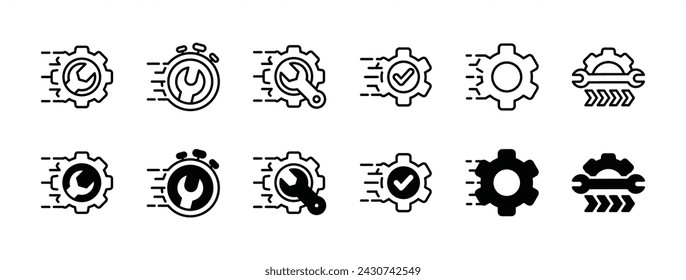 Repair icon set. Fast or quick time to fix icon. Gear, wrench, speed with check mark. Containing maintenance, service, support, technical, engineering, setting, setup. Vector illustration