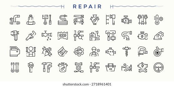 Symbol-Set reparieren. Mit Wartung, Arbeit, Reparatur, Auto, Technik und mehr. Symbol "Extras" im linearen Stil festgelegt. Minimalistische Vektorsammlungen. Bearbeitbarer Vektor.
