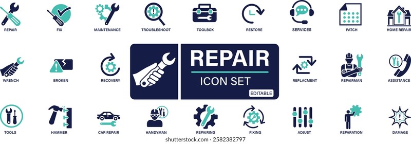 Repair icon set. fix, maintenance, toolbox, assistance, broken, troubleshoot You can easily change the color.