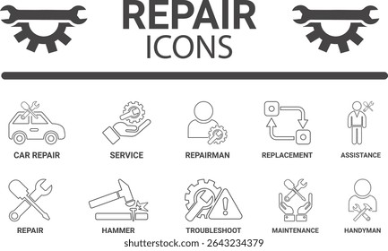 Reparar conjunto de ícones. Ícones de arte de linha contendo ícones de serviço de conserto, casa, reparação de carro, manutenção, caixa de ferramentas e reparador. Coleção de ícones do Solid. Ilustração vetorial.