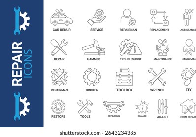 Reparar conjunto de ícones. Ícones de arte de linha contendo ícones de serviço de conserto, casa, reparação de carro, manutenção, caixa de ferramentas e reparador. Coleção de ícones do Solid. Ilustração vetorial.