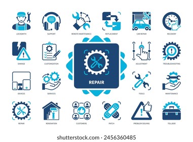 Repair icon set. Locksmith, Replacement, Car Repair, Patch, Renovation, Damage, Toolbox, Service. Duotone color solid icons