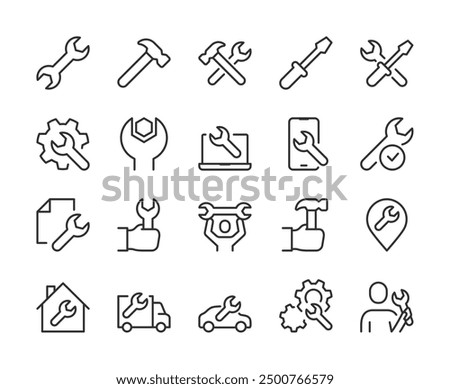 Repair, Icon Set. Tools and Actions for Fixing and Adjusting. Screwdriver, Wrench, Hammer, Mechanism, Car, Tech, Assistance, Settings. Maintenance and Technical Support. Line with editable stroke