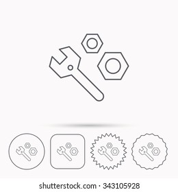 Repair icon. Spanner tool with screw-nut sign. Linear circle, square and star buttons with icons.