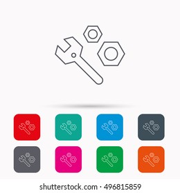 Repair icon. Spanner tool with screw-nut sign. Linear icons in squares on white background. Flat web symbols. Vector
