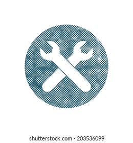 Repair icon with two wrenches, vector symbol with pixel print halftone dots texture.