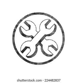 Repair icon with two wrenches, vector symbol with pixel print halftone dots texture.