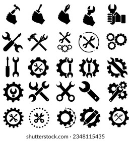 Conjunto de vectores de icono de reparación. Corregir la colección de signos de ilustración. Símbolo del centro de servicio. Logo de soporte.