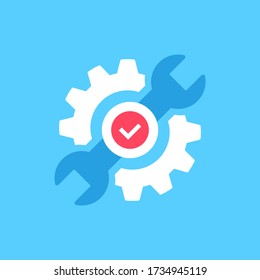 Repair icon. Wrench, cogwheel and check mark icon. Spanner, cog, gear and checkmark symbol. Maintenance, technical support, fixing, technical solution concepts. Flat design. Vector illustration