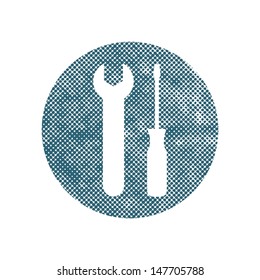 Repair icon with wrench and screwdriver, vector symbol with pixel print halftone dots texture.