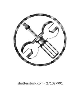 Repair icon with wrench and screwdriver, vector symbol with pixel print halftone dots texture.