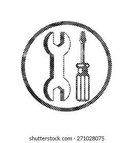 Icono de reparación con llave y destornillador, símbolo vectorial con textura de punto medio de impresión de píxeles.
