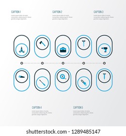 Repair icons colored set with bolt, hatchet, multi tool and other saw elements. Isolated vector illustration repair icons.