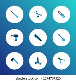 Repair icons colored set with hatchet, multi tool, scissors and other cutter elements. Isolated vector illustration repair icons.